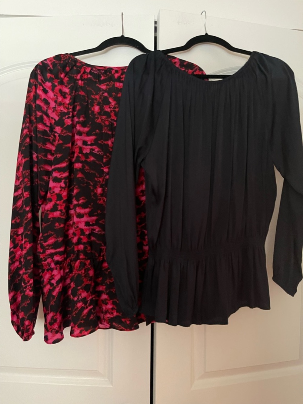 Ellen Tracy navy blue Long Sleeve Peplum Top and one  Pink/Black Printed Blouse
